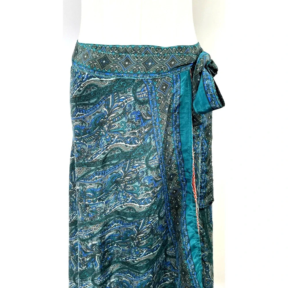 Sari Wrap Maxi Skirt Reversible Layered Art Silk Paisley Boho Festival One Size